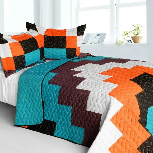 [Minor Cause] Vermicelli-Quilted Patchwork Geometric Quilt Set Full/Queen