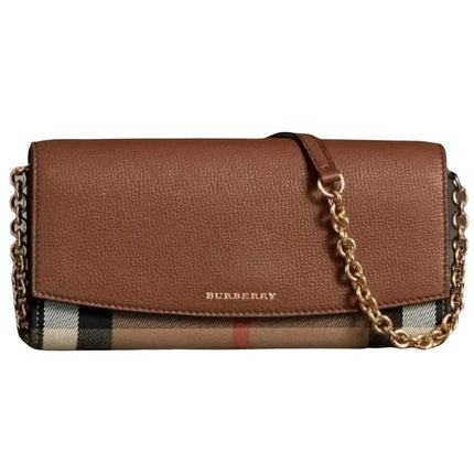 NEW Burberry Brown Henley House Check Leather Clutch Crossbody Bag