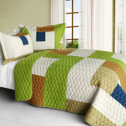 [Timeless - A] Vermicelli-Quilted Patchwork Geometric Quilt Set Full/Queen