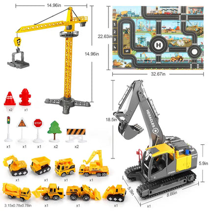 Juguetes para camiones de construcción para niños de 3, 4, 5 y 6 años, vehículos de ingeniería de juguete con excavadora grande con tapete de juego, grúa torre grande, 8 mini camiones y señales de tráfico para niños pequeños RT