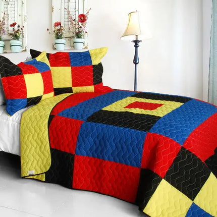 [Lively Star ] 3PC Vermicelli-Quilted Patchwork Quilt Set (Full/Queen Size)