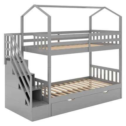 Multifunctional Twin over Twin House Bunk Bed with Staircase and Storage Space