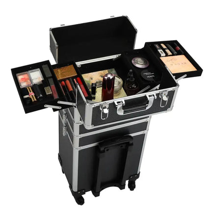 4-in-1 Makeup Travel Case with 360° Rolling Wheels, Locks, Keys and Adjustable Dividers, Black XH