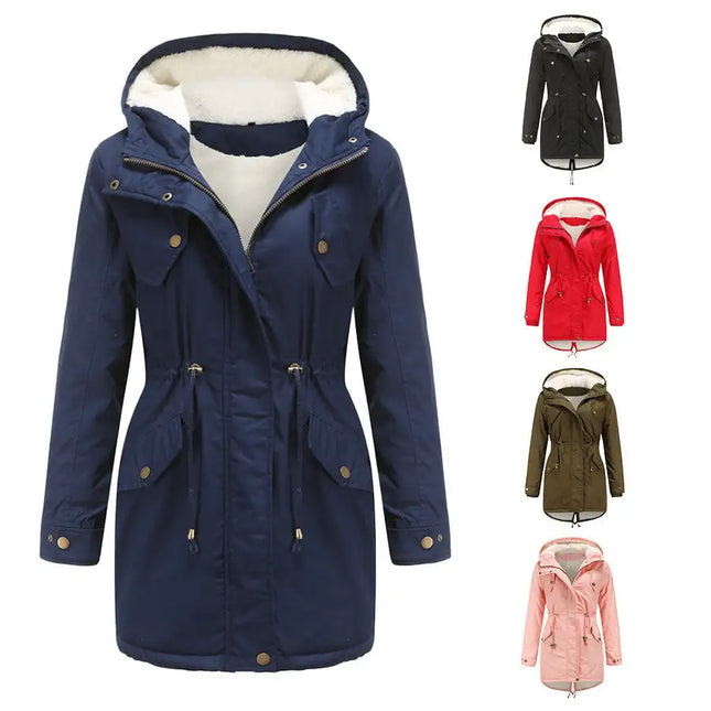 Women Fleece Coat Drawstring Hooded Cotton Jacket