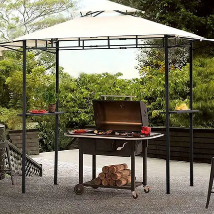 12Ft.Lx4.3Ft.W Iron Double Tiered Backyard Patio BBQ Grill Gazebo with Bar Counters, Beige
