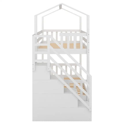 Multifunctional Twin over Twin House Bunk Bed with Staircase and Storage Space