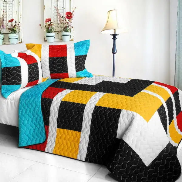 [Designer - 1] Brand New Vermicelli-Quilted Patchwork Quilt Set Full/Queen