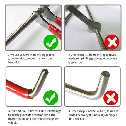 18pcs Car Tools Kit with 4 long reach grabbers, 2 air bag pumps, 4 trim removal tools, 4 fastener nuts, 2 wrenches, 1 injury free wedge, 1 tool case bag, 1 manual