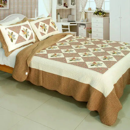 [Fields Of Fortune] Cotton 3PC Vermicelli-Quilted Printed Quilt Set (Full/Queen Size)