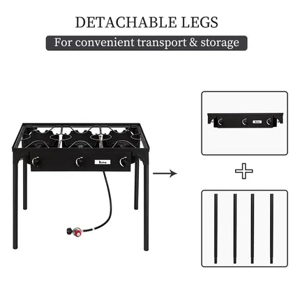 Outdoor Camp Stove High Pressure Propane Gas Cooker Portable Cast Iron Patio Cooking Burner (Three Burner 225000-BTU)