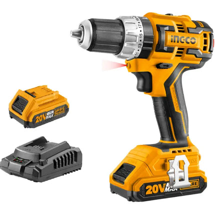 INGCO 20V Cordless Impact Drill;  Power Electric Drill Tools Brushless Drill Driver with Battery and Charger CIDLI20608A1