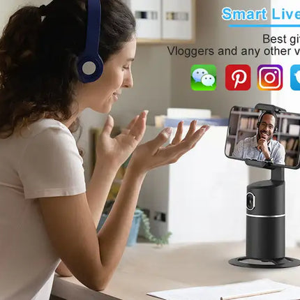 Auto Face Tracking Tripod;  No App Required;  360° Rotation Face Body Phone Camera Mount Smart Shooting Phone Tracking Holder for Live Vlog Streaming Video;  Rechargeable Battery-Black