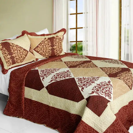 [Bumper Harvest] Cotton 3PC Vermicelli-Quilted Striped Printed Quilt Set (Full/Queen Size)