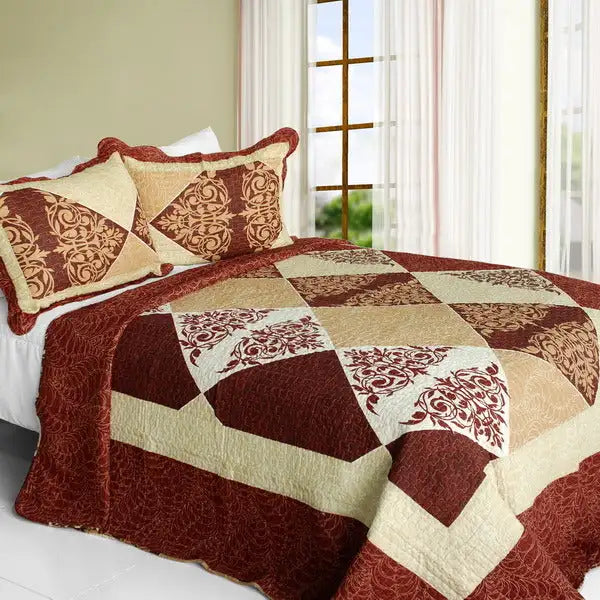 [Bumper Harvest] Cotton 3PC Vermicelli-Quilted Striped Printed Quilt Set (Full/Queen Size)