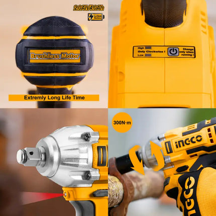 INGCO 20V Cordless Impact Wrench Set;  Brushless 1/2 Inch Impact Wrench 300NM with 2 PCS Batteries;  1 Hour Fast Charger;  3pcs Sockets CIWLI2001A