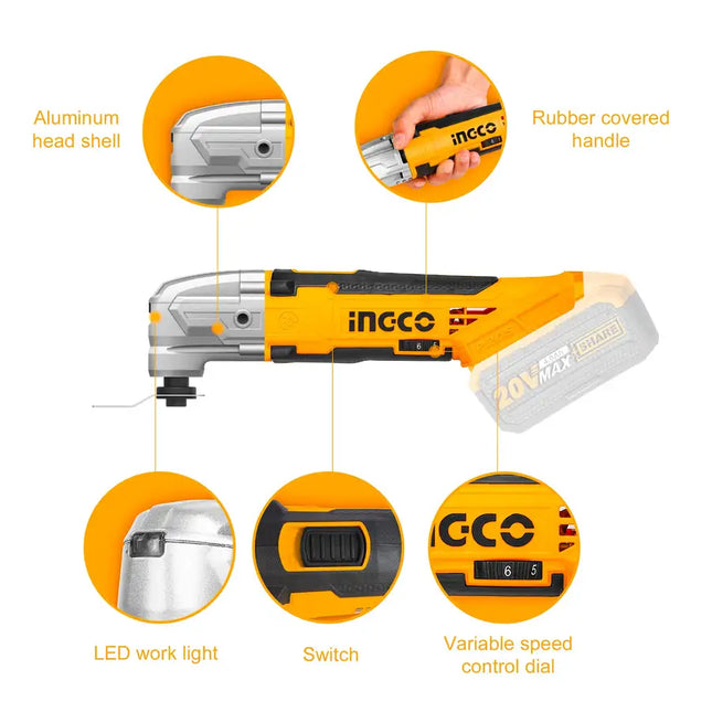 INGCO 20V Cordless DIY Oscillating Tool Kit with 8 PCS Accessory Kit (With Battery and Charger) CMLI2001A