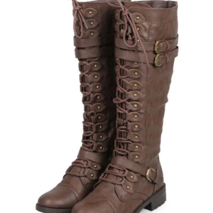 Women Knee high Boots Autumn Winter Lace Up Flat Shoes Sexy Steampunk PU Retro Buckle women shoes Ladies Snow Boots