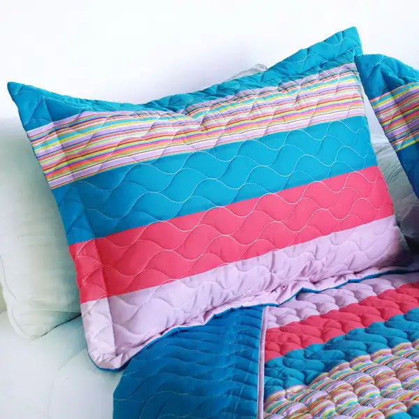 [Colorful Sky] 3PC Vermicelli-Quilted Striped Quilt Set (Full/Queen Size)