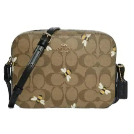 NEW Coach Brown Mini Bee Print Monogram Signature Canvas Camera Crossbody Bag