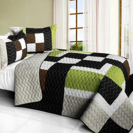 [Earth Chant] 3PC Vermicelli-Quilted Patchwork Quilt Set (Full/Queen Size)