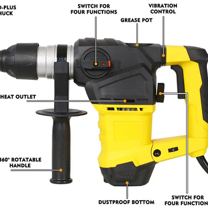 Professioinal Quality 1-1/4' SDS-Plus Heavy Duty Rotary Hammer Drill 13 Amp - Vibration Control, 3 Functions