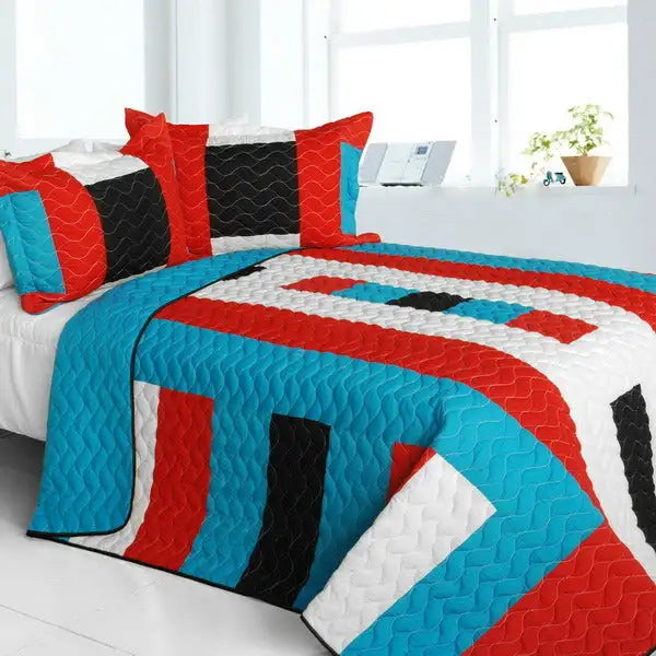 [Vital Vibrations] Vermicelli-Quilted Patchwork Geometric Quilt Set Full/Queen