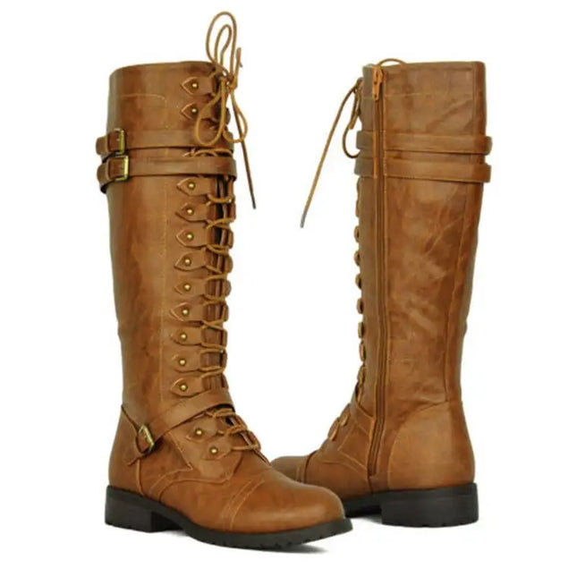 Botas hasta la rodilla para mujer, zapatos planos con cordones para otoño e invierno, zapatos sexis Steampunk de PU con hebilla Retro, botas de nieve para mujer