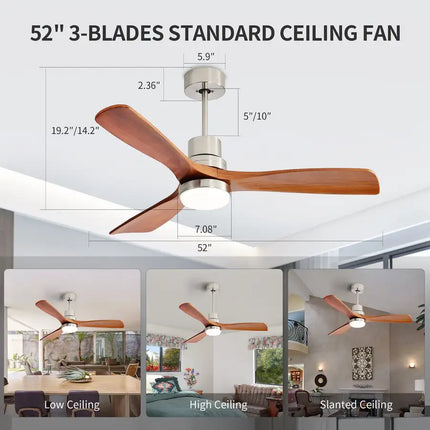 Ceiling Fan with Lights; 52" Ceiling Fan with Remote Control; Noiseless Reversible DC Motor and 3 Wood Blades; Timer; 6 Speed for Patio Bedroom; Office; Light Brown