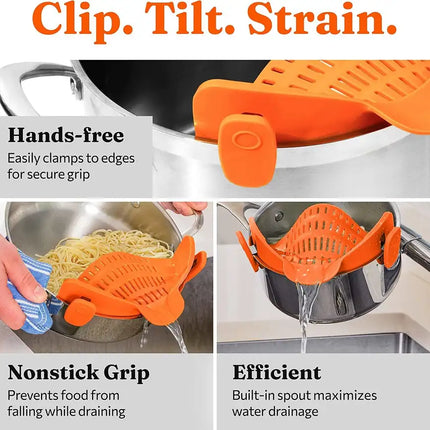 Kitchen Snap N Strain Pot Strainer and Pasta Strainer - Adjustable Silicone Clip On Strainer for Pots, Pans, and Bowls - Gray