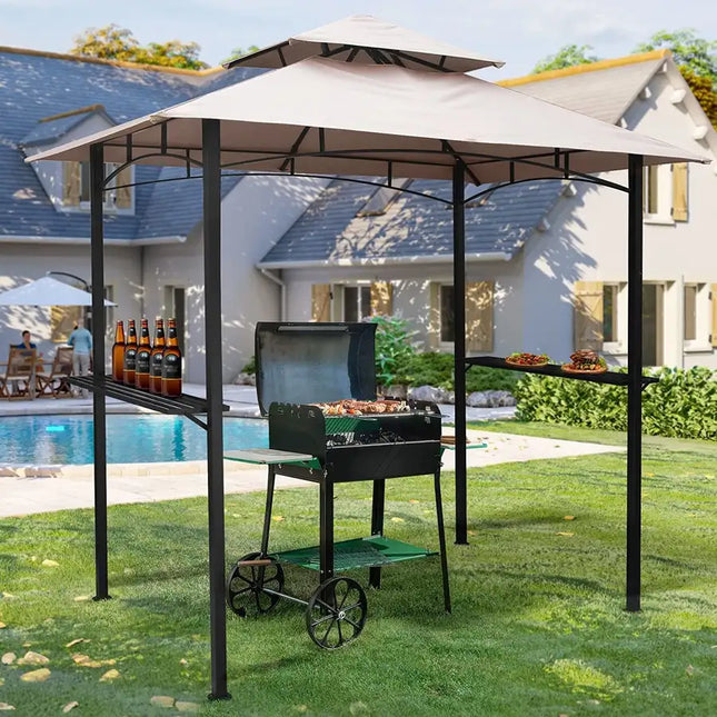 Gazebo con parrilla para exteriores de 8x5, marco de acero con dosel para barbacoa ventilado de 2 niveles, color marrón