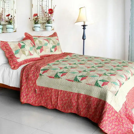 [Mio Dolce Sogno] Cotton 3PC Vermicelli-Quilted Striped Patchwork Quilt Set (Full/Queen Size)