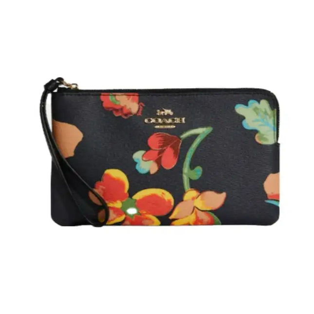 NEW Coach Black Large Corner Zip Dreamy Land Floral Print Canvas Wristlet Clutch Bag