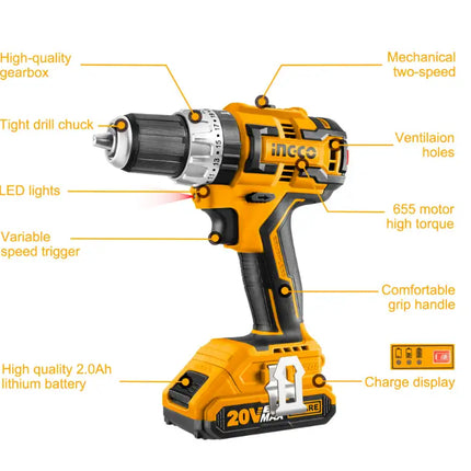 INGCO 20V Cordless Impact Drill;  Power Electric Drill Tools Brushless Drill Driver with Battery and Charger CIDLI20608A1