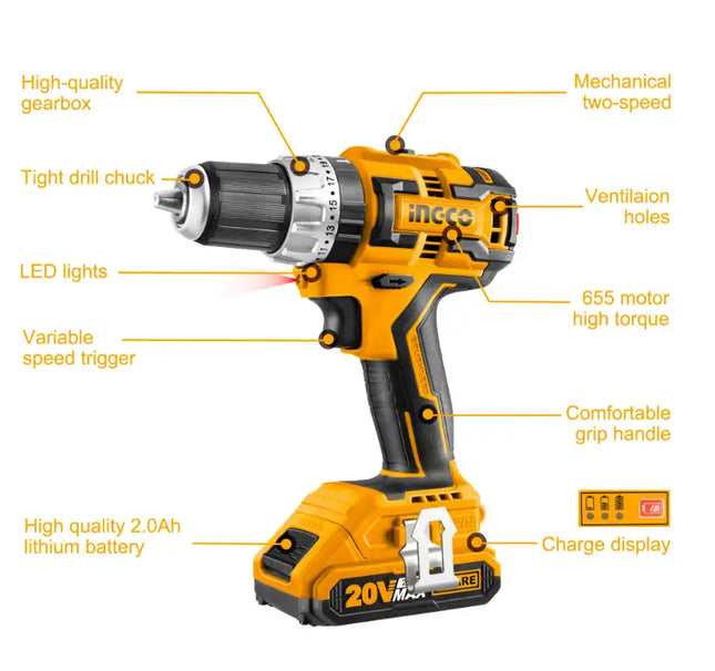 Taladro de impacto inalámbrico INGCO de 20 V; Taladro eléctrico eléctrico sin escobillas con batería y cargador CIDLI20608A1