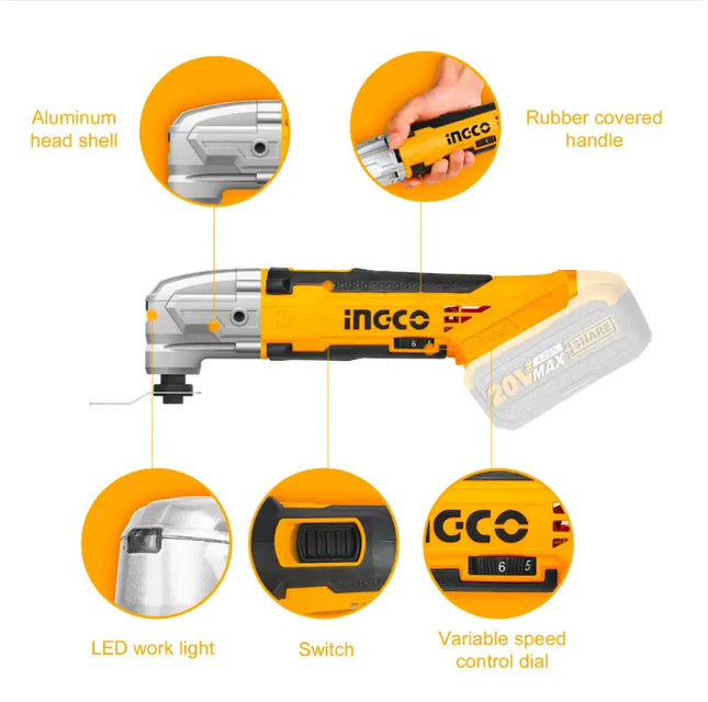 INGCO 20V Cordless DIY Oscillating Tool Kit with 8 PCS Accessory Kit (Tool only) CMLI2001A