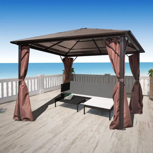 Gazebo with Curtain Brown Aluminum 10' x 10'