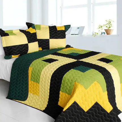 [Lucky Break] 3PC Vermicelli-Quilted Patchwork Quilt Set (Full/Queen Size)