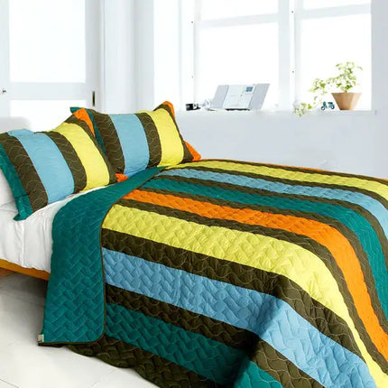 [Time Chain] 3PC Vermicelli-Quilted Patchwork Quilt Set (Full/Queen Size)