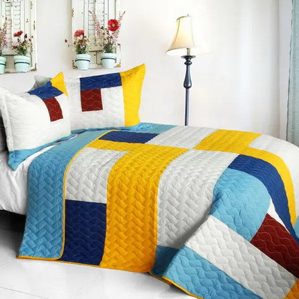 [Timeless - B] Vermicelli-Quilted Patchwork Geometric Quilt Set Full/Queen