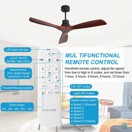 Ceiling Fans; 52" Ceiling Fans with Remote Control; 6 Speeds; Timer; 3 Solid-Wood Blade; Noiseless Reversible Dc Motor For Indoor Outdoor Living room; Matte Black