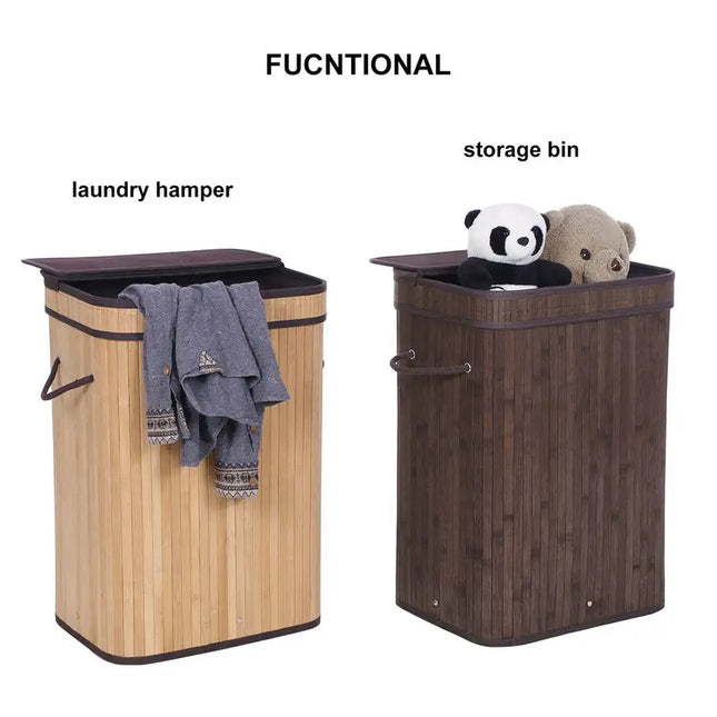 Flip Type Bamboo Laundry Hamper Wooden Folding Dirty Clothes Storage Basket Body with Removable Liners RT