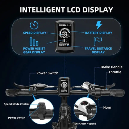 Ebike for Adults 26'' Fat Tire Detachable Lithium Battery 48V 10Ah,21MPH Dual Shock Absorber Shimano 7 Speed