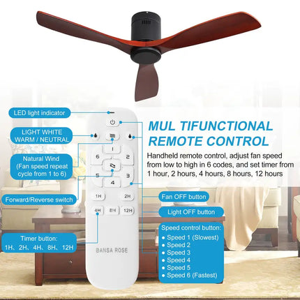 Ceiling Fan ; Remote Control; 52" Matte Black Indoor Outdoor Wood Ceiling Fan with 3 Fan Blades; Noiseless Reversible DC Motor for Patio Living Room; Bedroom; Office; Matte Black