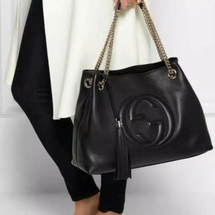 NEW Gucci Black Pebbled Leather Medium Soho Chain Tote Shoulder Bag