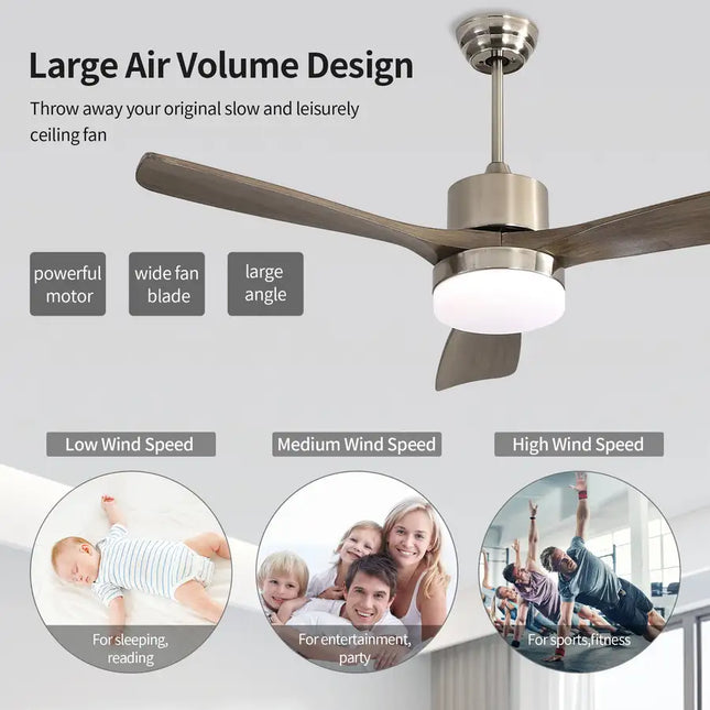 Ceiling Fan with Lights; 52" Ceiling Fan with Remote Control; Noiseless Reversible DC Motor and 3 Wood Blades; Timer; 6 Speed for Patio Living Room; Bedroom; Office