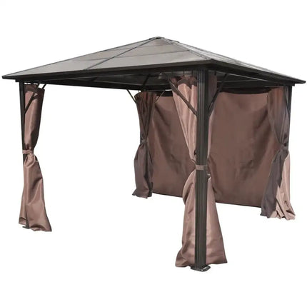 Gazebo with Curtain Brown Aluminum 10' x 10'