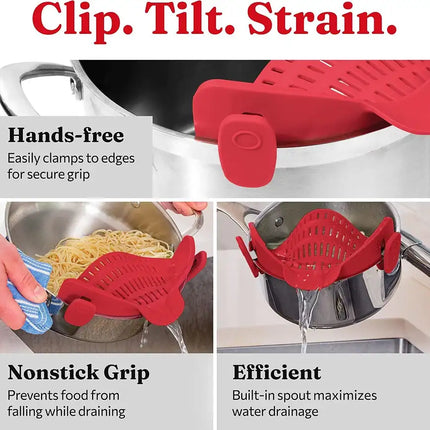Kitchen Snap N Strain Pot Strainer and Pasta Strainer - Adjustable Silicone Clip On Strainer for Pots, Pans, and Bowls - Gray