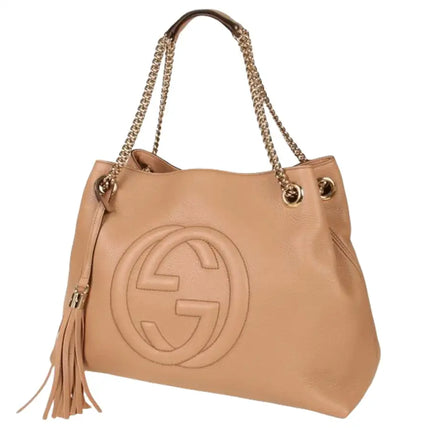 NEW Gucci Beige Pebbled Leather Medium Soho Chain Tote Shoulder Bag