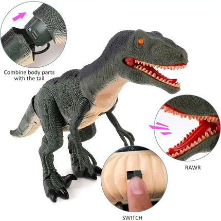 Remote Control R/C Walking Dinosaur Toy with Shaking Head, Light Up Eyes & Sounds (Velociraptor)