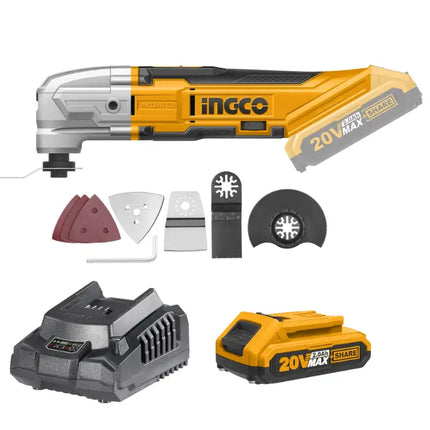 INGCO 20V Cordless DIY Oscillating Tool Kit with 8 PCS Accessory Kit;  Battery and Charger Included CMLI2001A